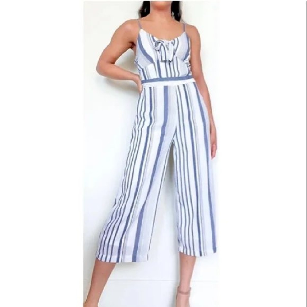 Japna Striped Jumpsuit Tie Front Smocked Cropped Jumpsuit Blue White Size XS - Picture 9 of 9